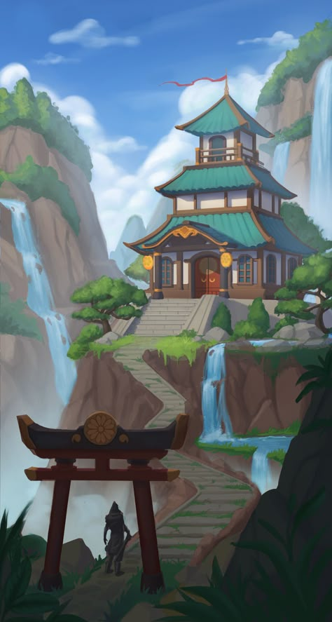 Day_night version of temple Pagoda Concept Art, Chinese Temple Concept Art, Chinese Temple Illustration, Temple Interior Concept Art, Temple Concept Art, Temple Game, Asian Temple, Pagoda Temple, Interior Concept Art