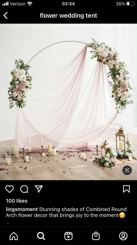 Round Arch Drapery Wedding, Wedding Arch With Fabric Circle, Circle Arch Drapery Wedding, Round Arch With Drapes, Circle Arch Draping, Wedding Round Arch Ideas, Round Wedding Arch Draping, Hoop Backdrop Ideas, Circle Wedding Arch With Drape