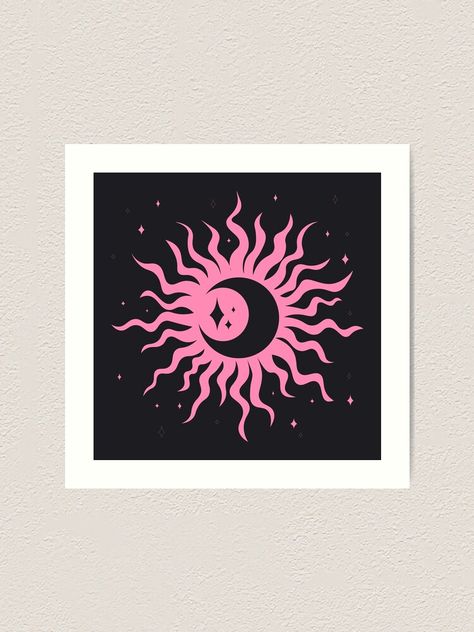 "(Pink) Sun, Moon and Stars" Art Print by illhustration | Redbubble Sun Reference, Moon And Sun Painting Easy, Sun And Moon Canvas Painting, Canvas Painting Ideas Sun And Moon, Sun And Moon Simple Painting, Sun And Moon Painting Canvases Easy, Sun And Moon Acrylic Painting, Trippy Moon, Moon And Stars Art