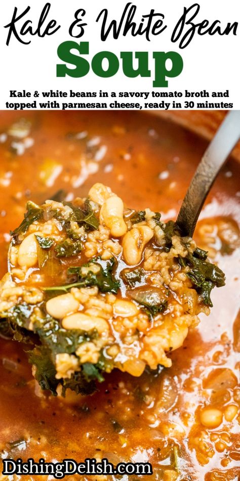 Kale And White Bean Soup, Kale And White Bean, White Bean Kale Soup, Creamy Soup Recipes, Tomato Broth, Clean Eating For Beginners, Bean Soup Recipes, Kale Soup, White Bean Soup