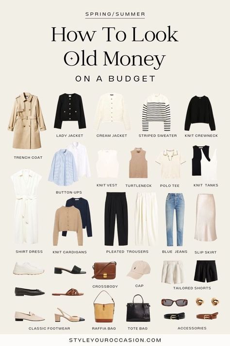 Old money capsule wardrobe + old money outfit ideas for spring and summer 2024. Elevate your women’s wardrobe with the elegance of old money style on a budget! Dive into our budget-friendly old money capsule wardrobe for spring and summer 2024, designed to bring you quiet luxury outfits and chic outfits that won't strain your budget. Classic Mum Style, Old Money Cozy Outfit, Old Money Spring Aesthetic, Old Money Womens Outfits, Old Money Capsule Wardrobe Summer, Old Money Travel Outfit, Spring Old Money Outfits, Old Money Outfits Spring, Old Money Outfit Summer