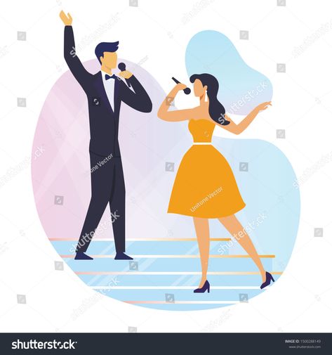 Singing Duet Performance Flat Vector Illustration. Young Man in Tuxedo and Woman in Dress Cartoon Characters. Talented People with Microphones, Professional Singers on Stage. Karaoke Show #Ad , #SPONSORED, #Young#Illustration#Man#Woman Singers On Stage, Duet Singing, Man In Tuxedo, Woman In Dress, Illustration Man, Dress Cartoon, Flat Vector Illustration, Talented People, Tuxedo For Men