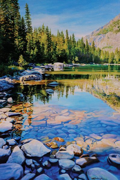 Michelle T. Courier, Avalanche Lake 2, acrylic, 72 x 48. Avalanche Lake, Arte 8 Bits, Lake Painting, Landscape Art Painting, Southwest Art, Watercolor Landscape Paintings, Nature Art Painting, Mountain Paintings, Mountain Lake