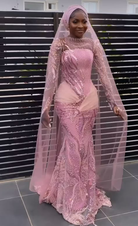 Light Pink Prom Dress Long, Nigerian Traditional Dresses, Muslim Prom Dress, Nigerian Wedding Dress, African Bridal Dress, Nigerian Outfits, Nigerian Dress, Nigerian Lace Styles Dress, Nigerian Lace Styles