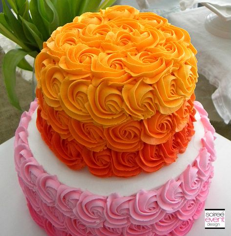 ombre cake. i like the red and orange, not the yellow. just fade to cream would be better Ombre Cake Decorating, Diwali Cake, Ombre Rosette Cake, Orange Birthday Cake, Rose Cakes, 19th Birthday Cakes, Bolo Vintage, Frosted Cake, Orange Birthday