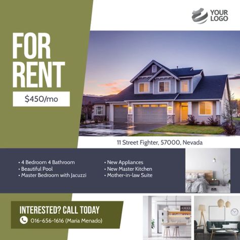 For Rent Real Estate Instagram Ad Template Interior Design Instagram, Real Estate Instagram, Ad Ideas, Rental Property Management, Ads Creative Advertising Ideas, Advertising Ideas, Ad Template, Beautiful Pools, Real Estate Flyers