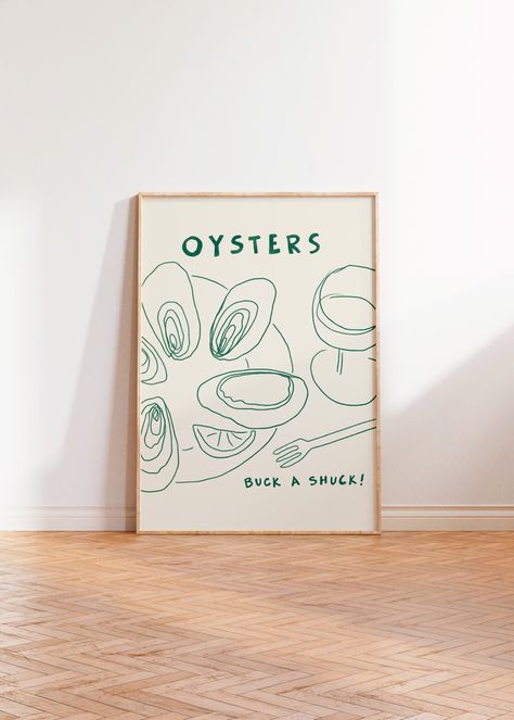 Oyster Poster, Buck a Shuck Oyster Art Print, Modern Food Wall Art, Restaurant Art Print, Contemporary Wall Art, Dinner Party Art, Eclectic Oyster Wall Art, Oyster Poster, Oyster Drawing, Oyster Illustration, Kitchen Collage, Wall Art Restaurant, Posters Dorm, Colorful Kitchen Art, Oyster Print