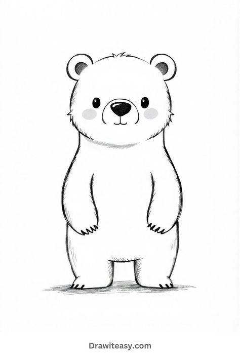 A standing cartoon bear looking directly ahead with a cute, soft expression, sketched in a simplistic style. Animal Sketches Pencil, Easy Animals To Draw, Animals To Draw, Easy Animal Drawings, Easy Animals, Bear Drawing, Drawing For Beginners, Animal Sketches, Love Drawings