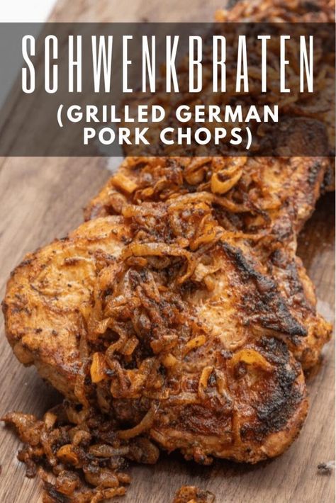 Schwenkbraten (AKA Grilled German Pork Chops) are tasty German pork chops traditionally cooked on an outdoor grill. Marinated in a fragrant and flavor-packed marinade, this schwenkbraten is a must-try the next time you're up for grilling something new. German Pork Chops, Tuna Cans, Best German Food, Grilling Recipes Pork, Pork Chop Marinade, Hey Grill Hey, Grilled Pork Chops, Barbecue Pork, Marinated Pork