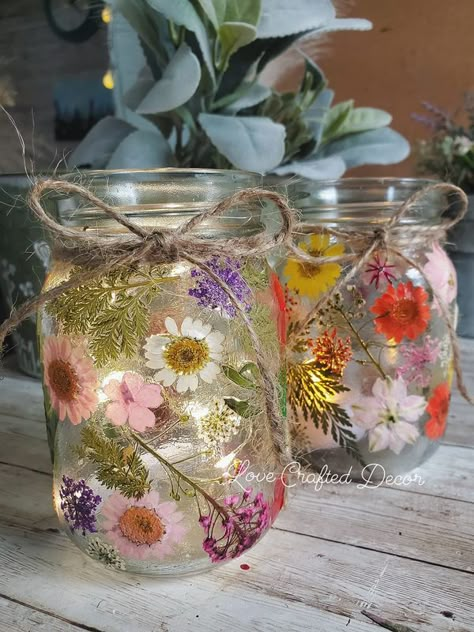 Love Crafted Decor What To Do With Jars, Diy Glass Painting, Diy Cottagecore Decor, Glass Jar Flower Arrangement With Tea Light, Pressed Flowers Lantern, Painting Flowers On Glass Jars, Decoupage Mason Jars With Pressed Flowers, Pressed Flower Glass Jar, Old Candle Jars