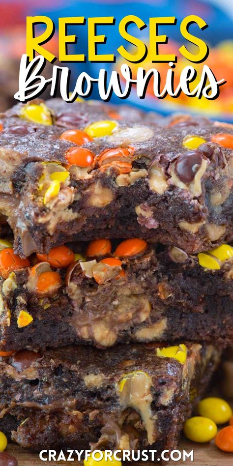 The ULTIMATE Reese's Brownies - thick and fudgy one bowl brownies full of peanut butter cups and Reese's Pieces - these are EPIC! Reese’s Brownies, Reeses Brownies Recipe, Reeses Cups Recipe, 3 Ingredient Reese’s Brownies, Reese's Brownies, Brownie Layer Cake, Reese’s Pieces Brownies, Reese's Peanut Butter Cup Brownies, Reeses Brownies