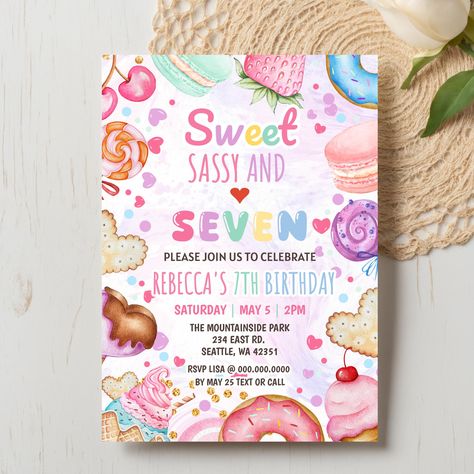 Sweet Sassy and Seven, 7th Girl Birthday Invitation, cotton candy sweets donut ice cream cupcake, Any Age Birthday Invitation 7th Birthday Girl Ideas, Girls 7th Birthday, Ice Cream Cupcake, Donut Ice Cream, Ice Cream Cupcakes, Party Stationery, Birthday Invitations Girl, Wedding Invitations Diy, 7th Birthday