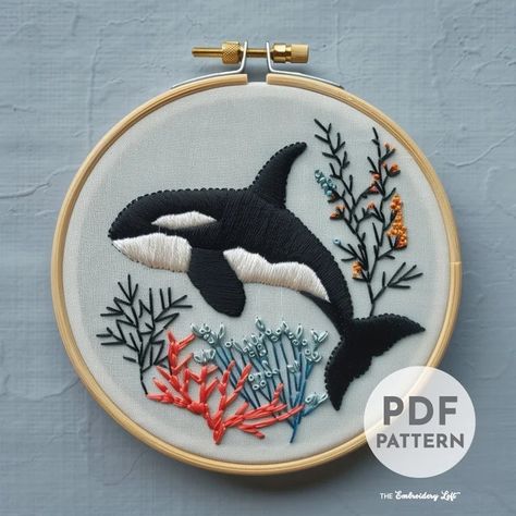 TheEmbroideryLoftCo - Etsy Orca Embroidery Pattern, Orca Embroidery, Ocean Embroidery Patterns, Under The Sea Embroidery, Orca Swimming, Orca Pattern, Marine Embroidery, Embroidery Reference, Ocean Embroidery