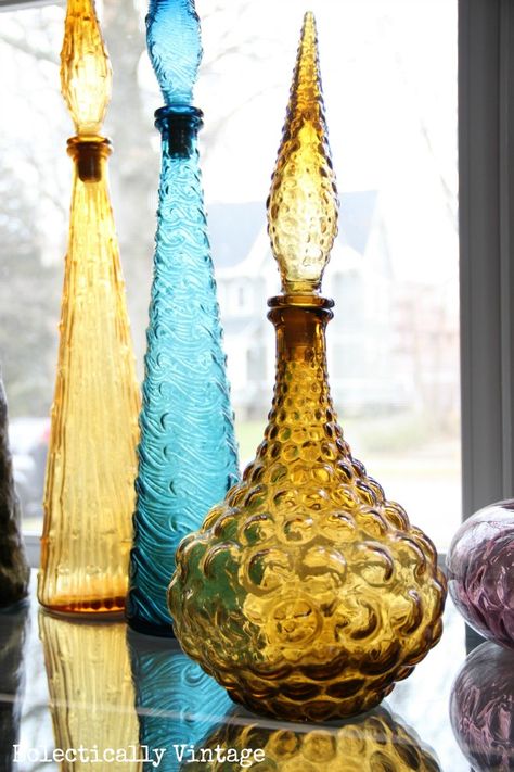 Collectingitis - Colorful Vintage Glass Decanters - Eclectically Vintage Mid Century Glassware, Vintage Decanter, Genie Bottle, Glass Repair, Ciao Bella, Images Vintage, Beautiful Mirrors, Photos Vintage, Glass Decanter