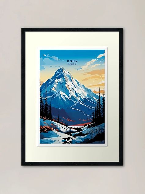 "Mount Bona Alaskan Peaks Travel Illustration" Framed Art Print for Sale by NeuralVibe | Redbubble Poster Illustration, Travel Illustration, Centerpiece Decorations, Frame Sizes, Custom Boxes, Travel Poster, Box Frames, Framed Art Print, Travel Posters