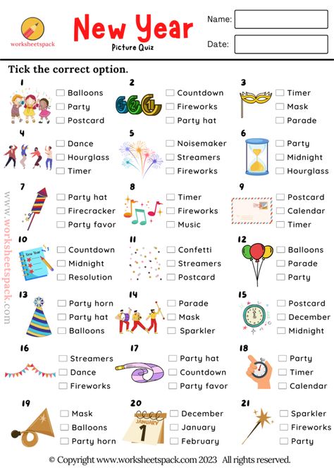 New Year Quiz, New Years Eve Pictures, Free Quizzes, Quizzes For Kids, New Year Words, Basic English Sentences, New Year Printables, Test For Kids, Vocabulary Quiz