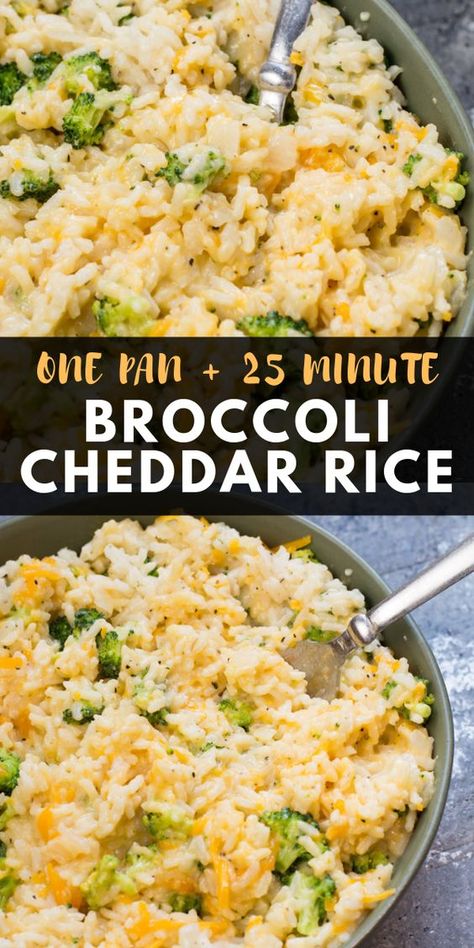 This creamy One Pan Broccoli Cheddar Rice is ready in under 30 minutes! The perfect easy side dish or a great gluten free meatless meal! Broccoli Cheddar Rice, Pan Broccoli, Cheddar Rice, Rice Recipes Side, White Rice Recipes, Rice Side Dish Recipes, Easy Broccoli, Meatless Meal, Side Dishes For Chicken