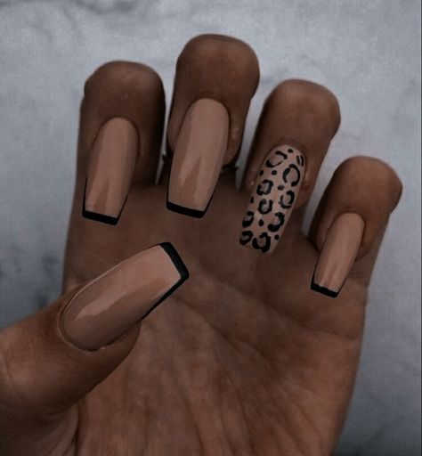 Leopard Print Black Nails, Tan Nails Black Tip, Nail Art Learning, Easy Leopard Nails, Black And Gold Leopard Nails, Coffe Nail Ideas, Fall Animal Print Nails, Autumn Acrylic Nails Coffin, Gel X Nails Fall