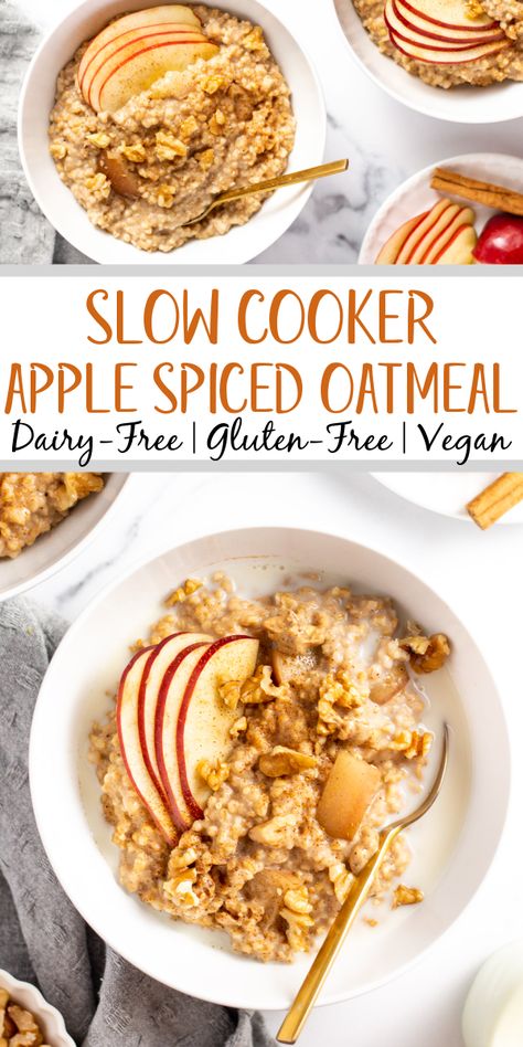 This amazingly simple apple spiced slow cooker oatmeal recipe is perfect for your breakfast meal prep. It only requires a few simple ingredients, a crock pot, very little prep or hands on time, and it's vegan, gluten free and dairy free! Made with applesauce and diced apples, this steel cut oatmeal is great for the fall but can always be enjoyed year round! #steelcutoats #slowcookeroatmeal #slowcookerrecipes #crockpot #appleoatmeal #glutenfree #dairyfree Apple Crockpot Recipes, Slow Cooker Oatmeal Recipes, Crockpot Dairy Free, Crockpot Oatmeal, Slow Cooker Oatmeal, Hearty Recipes, Vegan Crockpot, Steel Cut Oatmeal, Vegan Slow Cooker