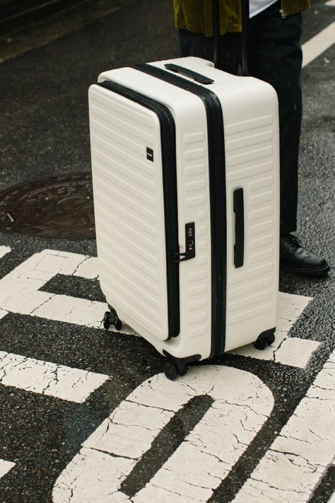 Off-White Cubo LOJEL Luggage rolling through street in Seoul Aesthetic Luggage, Easy Packing, Bag Suitcase, Nyc Trip, Travel Organization, Baby Carrier, Flats Top, Fashion Flats, Luggage Bags