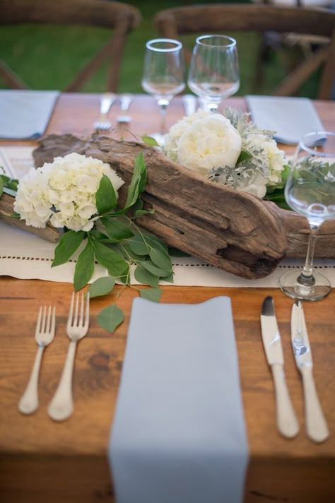 Driftwood Wedding, Beach Centerpieces, Driftwood Centerpiece, Driftwood Table, Event Decorating, Hydrangea Arrangements, Rock Wedding, Floral Greenery, Camp Wedding