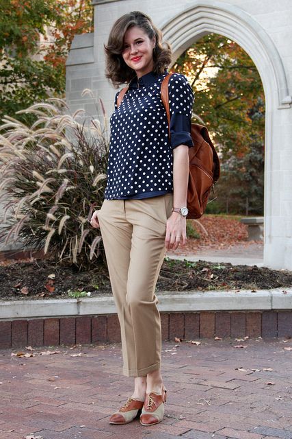 polka dot shirt, tan pants, and brown leather backpack Blue Polka Dot Shirt Outfit, Dot Shirt Outfit, Polka Dot Shirt Outfit, Polka Dot Shirt, Professional Attire, Work Looks, Types Of Fashion Styles, What I Wore, Daily Outfits