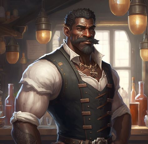 Bartender Character Art, Dnd Bartender Art, Bar Maid Dnd, Bartender Character Design, Dnd Bartender, Fantasy Bartender, Npc Energy, Black Pirates, Bald Black Man