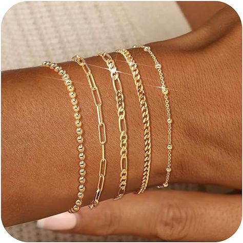 5 PCS Trendy Gold stackable bracelets set. Each gold chain bracelet can be worn separately or wear them together, or in combination with other layered bracelets to create their own style. 14k yellow gold 6.8 inches. Gold Bracelets Stacked, Gold Bracelet Set, Jewelry Bracelets Gold, Gold Jewelry Sets, Gold Charm Bracelet, Gold Bracelet For Women, Gold Bracelets, Stacked Jewelry, Stackable Bracelets