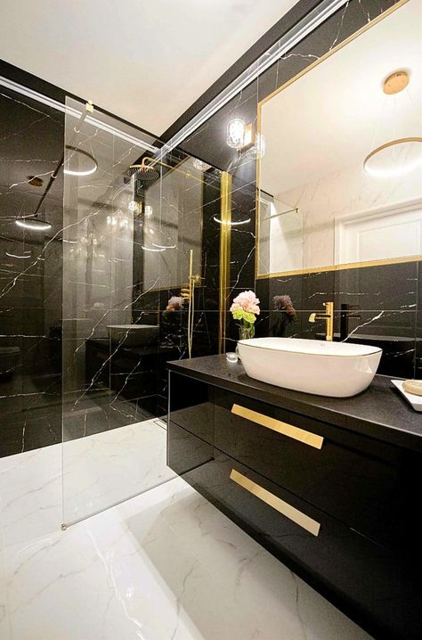 Bathroom Ideas Gold, Black And Gold Bathroom Vanity, Gold Bathroom Ideas, Bathroom Vanity Black, Gold Bathroom Fixtures, Gold Bathroom Vanity, Black Marble Bathroom, Black Tile Bathrooms, Bathroom Gold