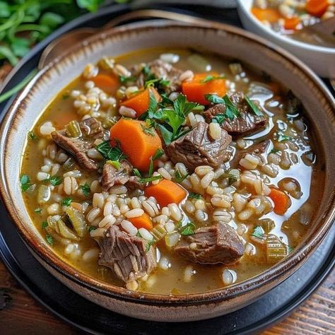 old easy recipes | Beef & Barley Soup is a classic and hearty dish that is perfect for warming up on a chilly day | Facebook Beef Gravy Mix, Beef And Barley, Bacon Fried Cabbage, Beef Barley, Beef Barley Soup, Beef Gravy, Cabbage And Bacon, Beef Stew Meat, Barley Soup