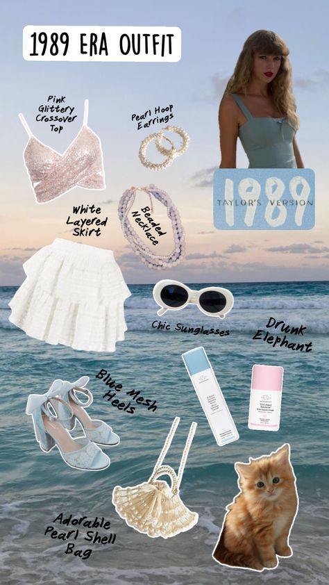 #tayloralisonswift #taylornation #erastouroutfitinspo #vibes #fashion #style #1989 1989 Style, Style Taylor Swift, Chic Sunglasses, Mesh Heels, Taylor Swift 1989, Pearl Hoop Earrings, White Necklace, T Swizzle, Layered Skirt