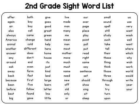 2nd Grade Sight Word List Printable Sight Words Second Grade, Second Grade Spelling Words, Second Grade Sight Word List, Sight Words For Third Grade, Second Grade Sight Words Printables, Second Grade Reading Worksheets, Second Grade Word Work, 2nd Grade Sight Words, Second Grade Spelling Words List