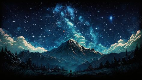 Dark Blue Aesthetic Landscape, Starfall Game, Silhouette Background, Starry Night Wallpaper, Distant Mountains, Forest Silhouette, Ppt Background, Mountains Forest, Mountain Pictures