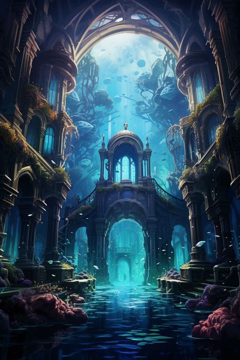 Underwater City Fantasy Art, Underwater Civilization, Sea Kingdom, Drawings Wallpaper, Fantasy Landscape Art, Ocean Artwork, Sea Illustration, Fantasy World Map, Underwater City