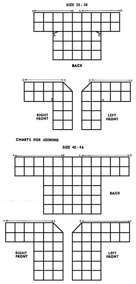 Crocheted Jacket Pattern #551 charts Crochet Square Jacket Pattern, Crochet Sweater Template, Crochet Blazer Pattern Free, Crochet Jacket Pattern Free Easy, Crocheted Jacket, Crochet Cardigan Granny Square, Chain Size Chart, Crochet Blanket Sizes, Squared Clothes