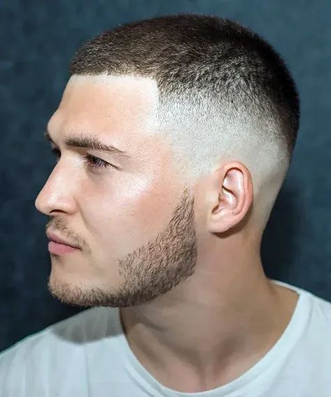 Thick Buzz Cut with Mid Skin Fade and Groomed Stubble Marine Haircut, High And Tight Haircut, Razored Haircuts, High Fade Haircut, Military Haircut, Taper Fade Haircut, Long Hair On Top, Men's Haircuts, Bald Fade