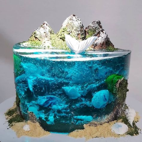 Paradise-Island-Cake-Art Island Cake, Ocean Cakes, Jello Cake, Sea Cakes, Twins Birthday, Beach Cakes, Jelly Cake, Mermaid Cakes, Crazy Cakes