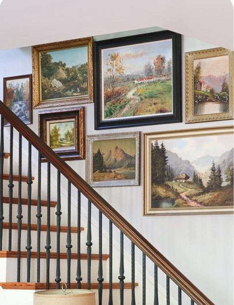 Wall Vintage Decor, Art Work Going Up Stairs, Paint Gallery Wall, Vintage Painting Gallery Wall, Gallery Wall Landscape Photos, Wall In Stairway, Stairway Art Ideas Wall Decor, Oil Painting Gallery Wall, Staircase Walls