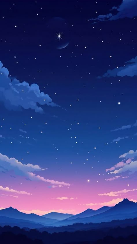 Midnight Sky Illustration, Simple Painting Wallpaper, Space Sky Painting, Simple Background Illustration, Sky Drawing Aesthetic, Night Aesthetic Landscape, Anime Sky Aesthetic, Anime Sky Background, Midnight Sky Painting