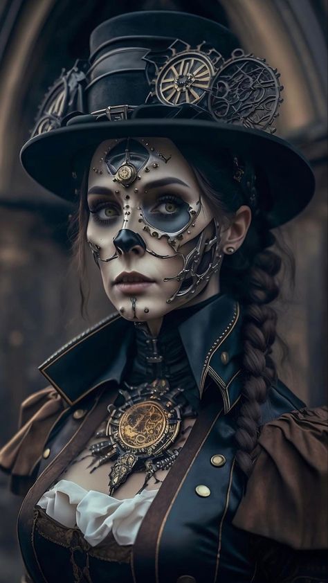 Steampunk Makeup And Hair, Steam Punk Makeup, Steampunk Makeup, Halloween Steampunk, Steampunk Illustration, Steampunk Inspiration, Steampunk Goth, Skeleton Face, Horror Make-up