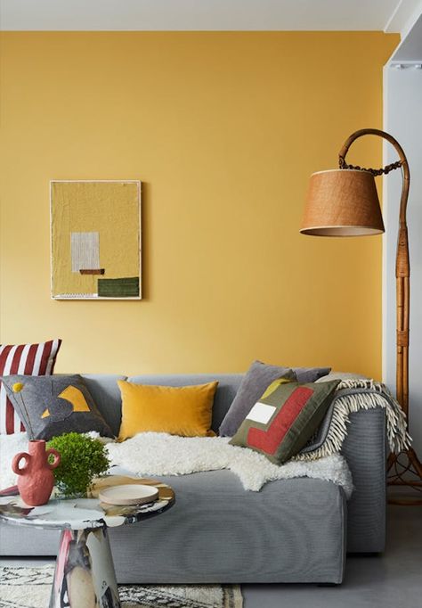 Re:mix Yellow-Pink Living Room - Inspire Me Slaked Lime, Patterned Blinds, Grey Sofa, Pink Living Room, Made To Measure Blinds, Little Greene Paint, Soft Furnishings Cushions, Yellow Bedroom, Best Paint Colors