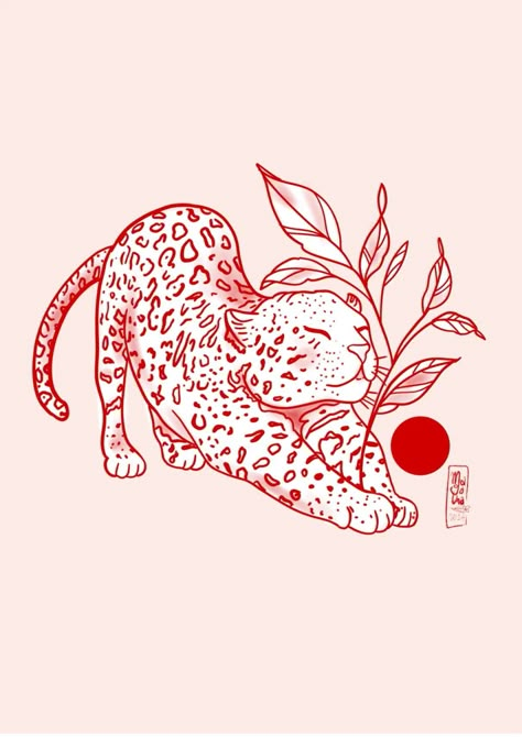 Red Animal Tattoo, Red Leopard Tattoo, Red Fineline Tattoo, Feline Tattoo, Jaguar Drawing, Jaguar Illustration, Jaguar Art, Animal Design Tattoo, Red Jaguar