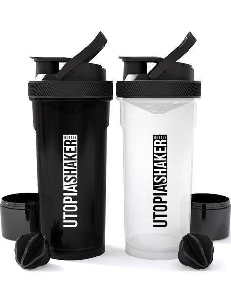 Utopia Home 2-Pack Shaker Bottle - 24 Ounce Protein Shaker Plastic Bottle for Pre & Post workout with Twist and Lock Protein Box Storage(All Black & Clear/Black) Flask,water bottle,gym bottle,cool bottles for gym,hydration,gym,summer bottles,cooling water bottles,Amazon finds,TikTok made me but it,gym tok Protein Box, Pre Post Workout, Mixer Bottle, Protein Shaker Bottle, Shake Bottle, Shaker Cup, Protein Shaker, Blender Bottle, Creatine Monohydrate