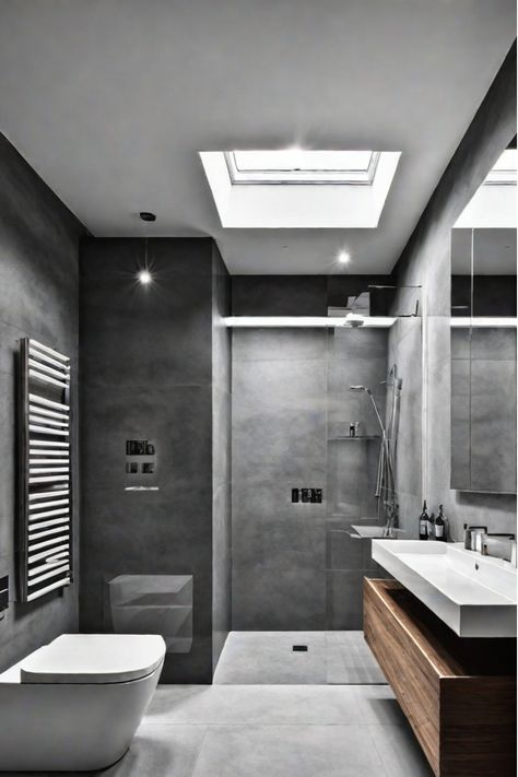 Embrace the raw, utilitarian appeal of concrete, brick, and metallic tiles for your industrial-inspired bathroom. Discover unique Bathroom Flooring Ideas that will transform your space. Industrial Minimalist Bathroom, Small Concrete Bathroom, Industrial Minimalist House, Bathroom Grey Floor, Small Grey Bathroom, Industrial Bathroom Ideas, Concrete Tile Bathroom, Concrete Bathroom Ideas, Small Grey Bathrooms