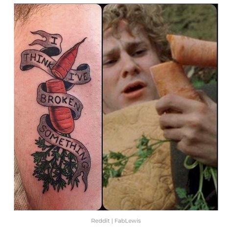 Carrot Tattoo, Lotr Tattoo Ideas, Hobbit Tattoo, Tolkien Tattoo, Fandom Tattoos, Lotr Tattoo, Lord Of The Rings Tattoo, Rings Tattoo, Traditional Tattoo Sleeve