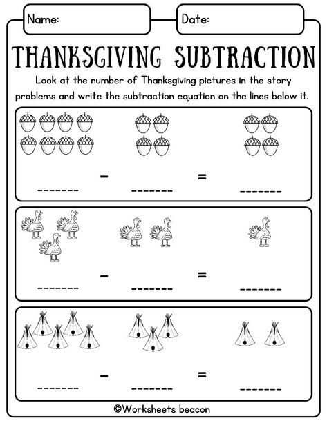 Happy Thanksgiving! This is a wonderful set of 5 worksheets to help students practice the basic math skill of subtraction. Students are asked to look at the number of Thanksgiving themed pictures in the story problems on each row and write the correct numbers of pictures on the lines to complete the subtraction equations. Thanksgiving Subtraction, Thanksgiving Math Worksheets, Number Stories, Thanksgiving Worksheets, Thanksgiving Math, Thanksgiving Pictures, Basic Math Skills, Basic Math, Math Skills