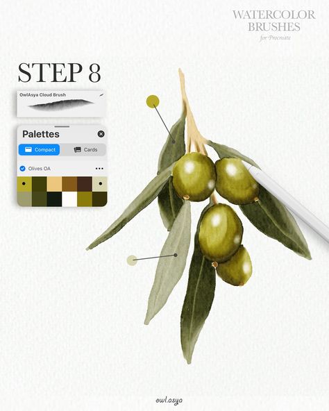 Step by Step Tutorial in Procreate - Olives ✏️ The sketch, color palette are available in my Gumroad. Link in bio ✨ ✏️ Watercolor Brushes for Procreate, available on sale in my ETSY shop or Gumroad! Link in bio✨ ✏️ More video tutorial in my YouTube channel ✨ If you have enjoyed this tutorial, please, subscribe and like =) Thank you for watching🥰 #procreatebrushes #procreate #watercolor #digitalwatercolor #stepbystep #tutorial #reels #procreatebrushset #sketching #ipad #digitalsketches #draw... Procreate Painting Tutorial, Procreate Watercolor Tutorial, Procreate Sketches, Procreate Etsy, Watercolor Procreate, Procreate Watercolor, Best Procreate Brushes, Procreate Brushes Free, Brushes For Procreate