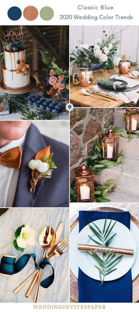 10 Stunning Ways to Include Pantone's Color of the Year  in 2020 Wedding, navy blue and copper #wedding2020 #pantonewedding #pantone2020 #classicbluecolors #classicbluewedding #weddingcolors Blue And Copper Wedding, Copper Wedding Theme, Copper Wedding Colors, Copper Wedding Decor, Dusty Rose Wedding Colors, Classic Blue Wedding, Pantone Wedding, Burgundy Wedding Colors, Wedding Color Palettes