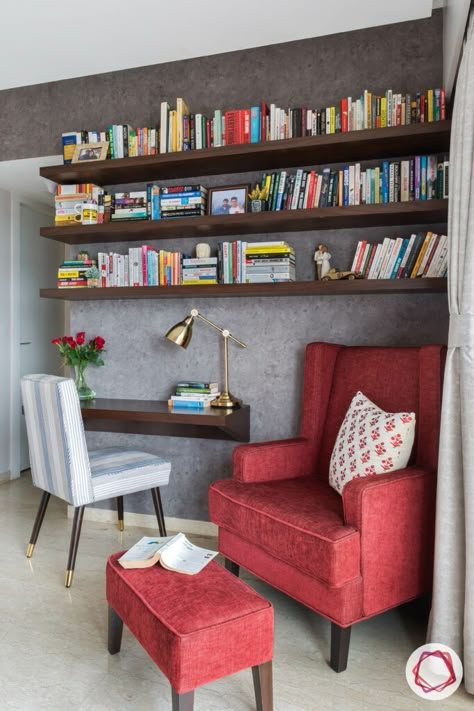 Study Room Design, Geek Decor, Home Library Design, Corner Decor, Ideas Hogar, Study Room Decor, Red Chair, Study Rooms, Decor Minimalist