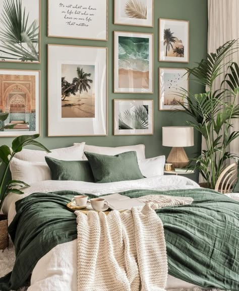 10 Ways To Create An Urban Minimalist Boho Bedroom - Decoholic Design Ložnic, Interior Boho, Sage Green Bedroom, Dekorasi Kamar Tidur, Green Walls, Redecorate Bedroom, Cozy Room Decor, Green Rooms, Bedroom Green